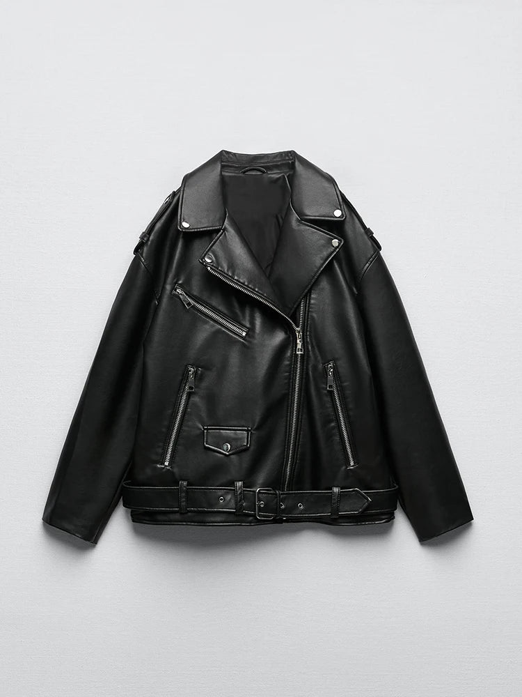 Veste en similicuir noir pour femme avec ceinture