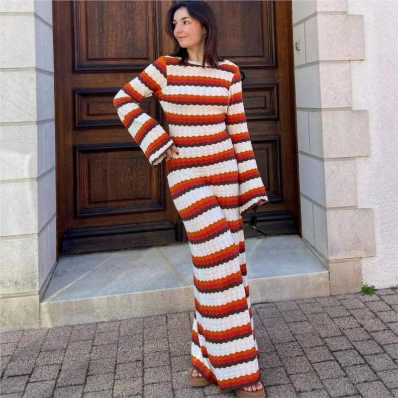 Robe longue rayée col rond, manche longue