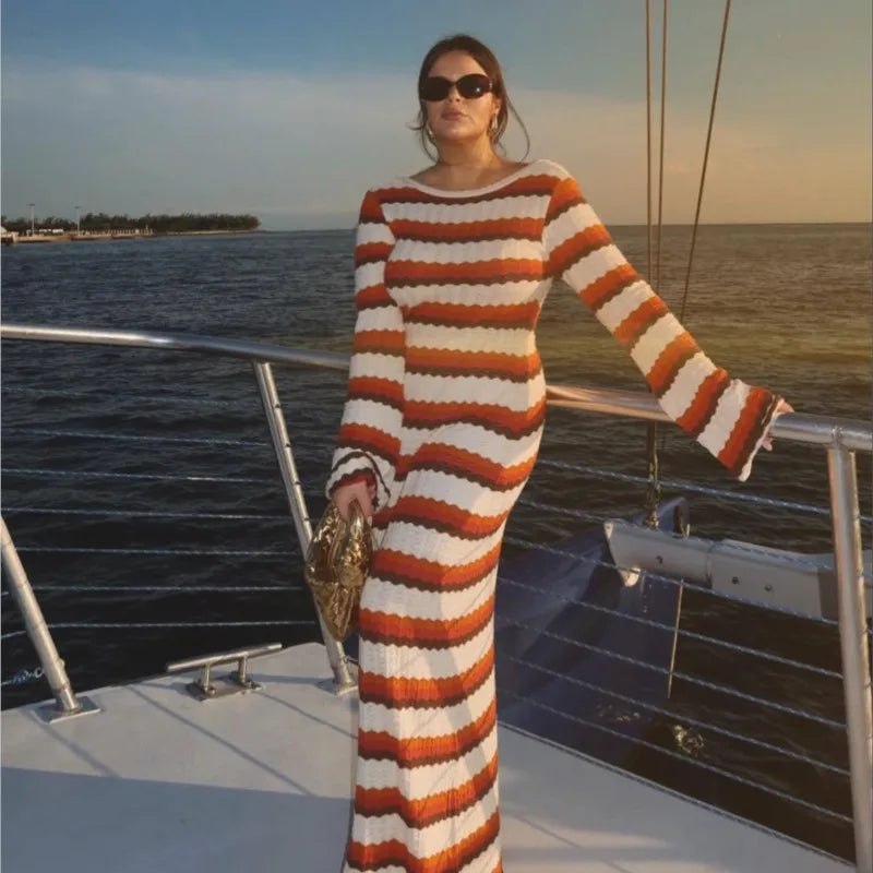 Robe longue rayée col rond, manche longue