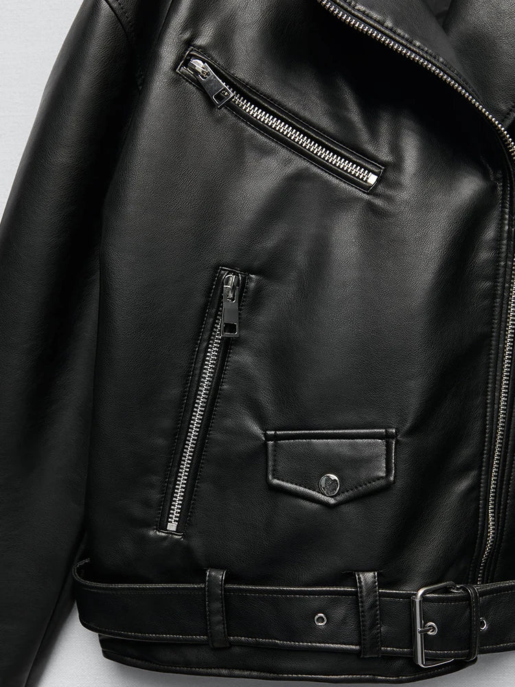 Veste en similicuir noir pour femme avec ceinture
