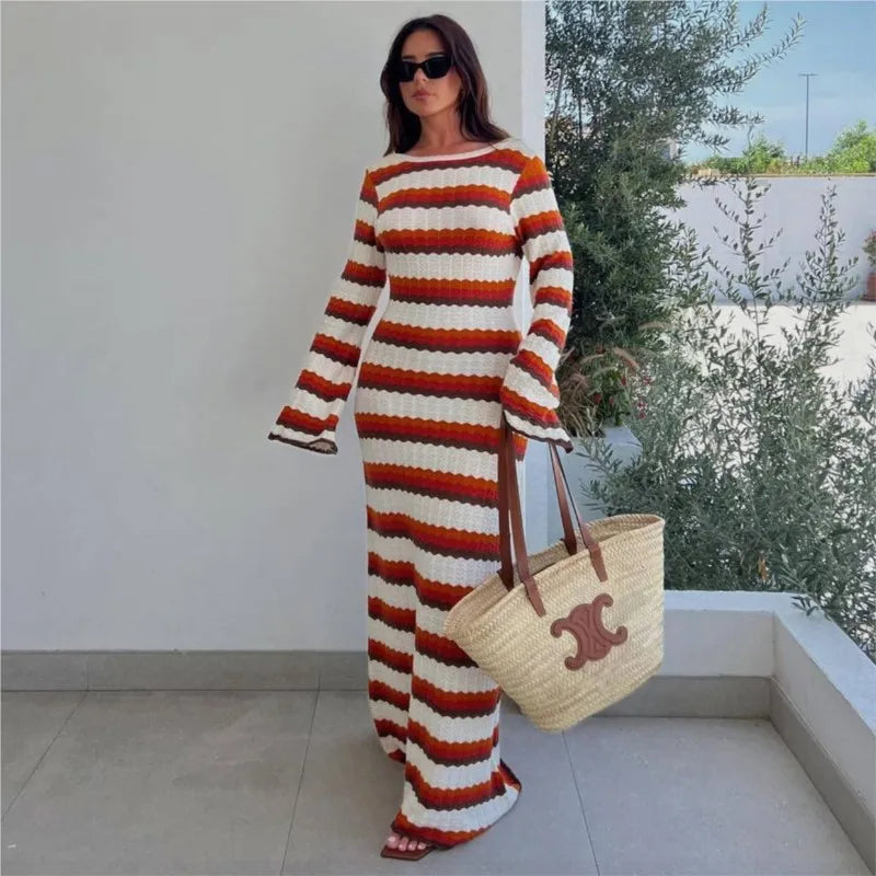 Robe longue rayée col rond, manche longue